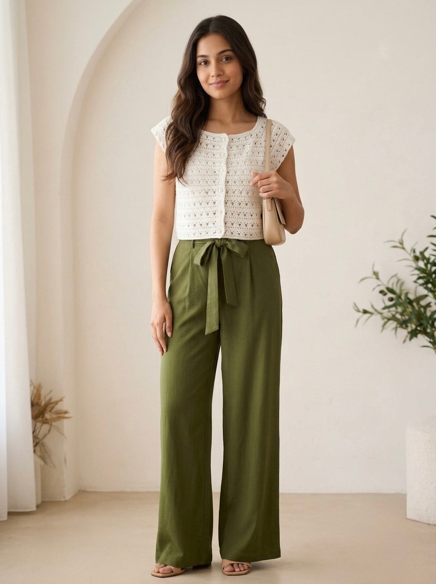 Off-White Textured Crochet Top with Pearl Buttons