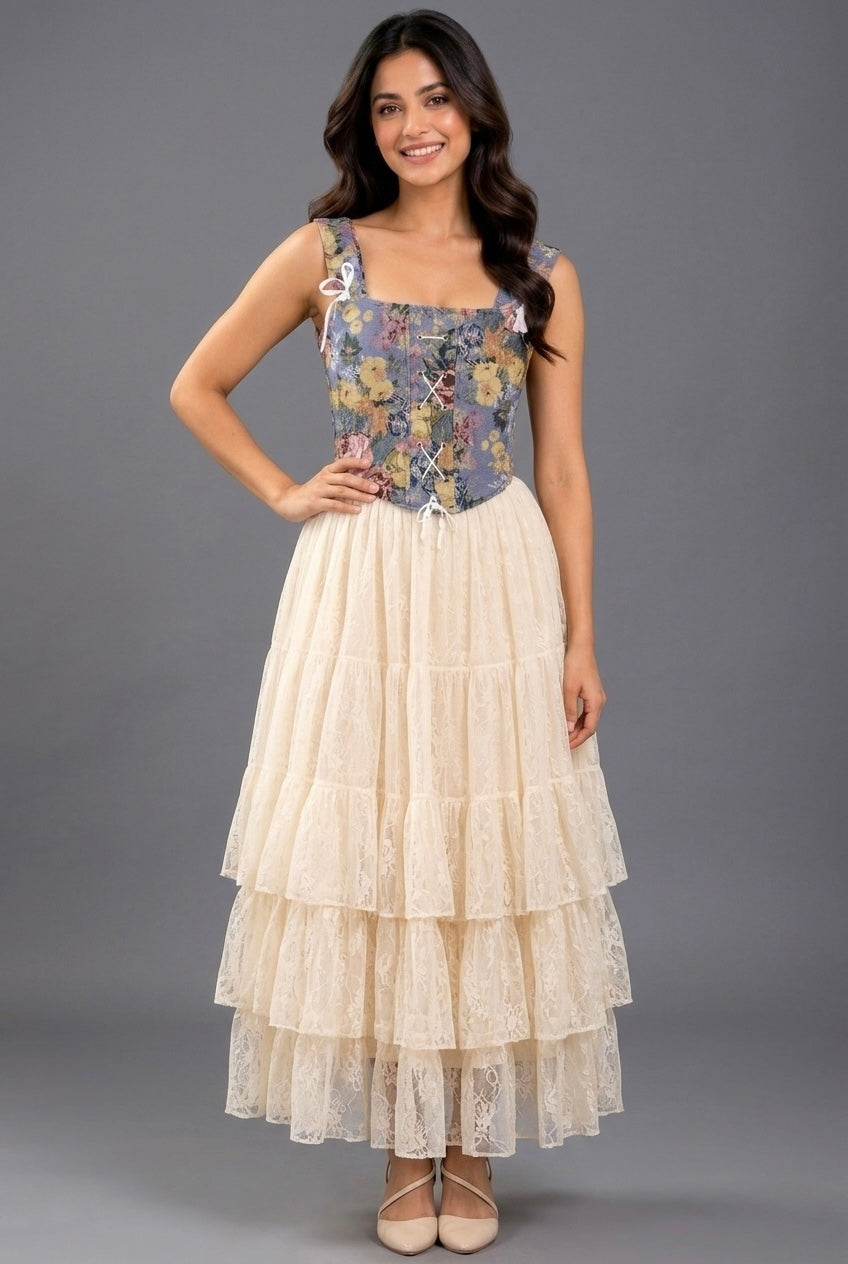 Periwinkle Blue Tapestry Lace-Up Corset Crop Top