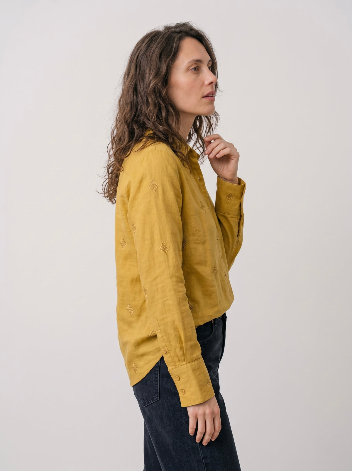 Mustard Embroidered Cotton Linen Shirt