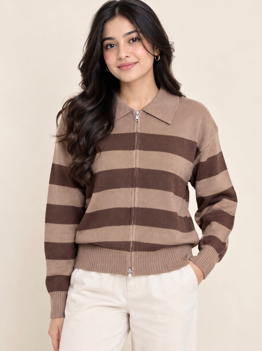 Imported Stripe Zip Knit Top