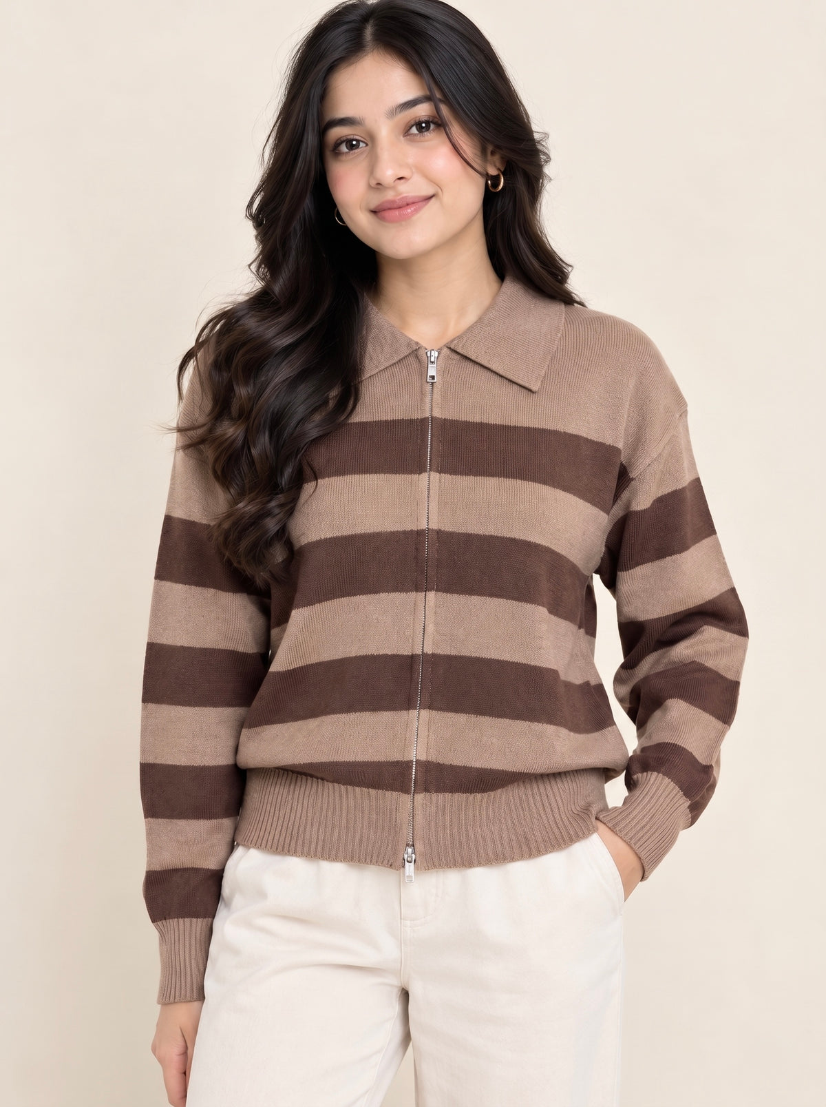 Imported Stripe Zip Knit Top
