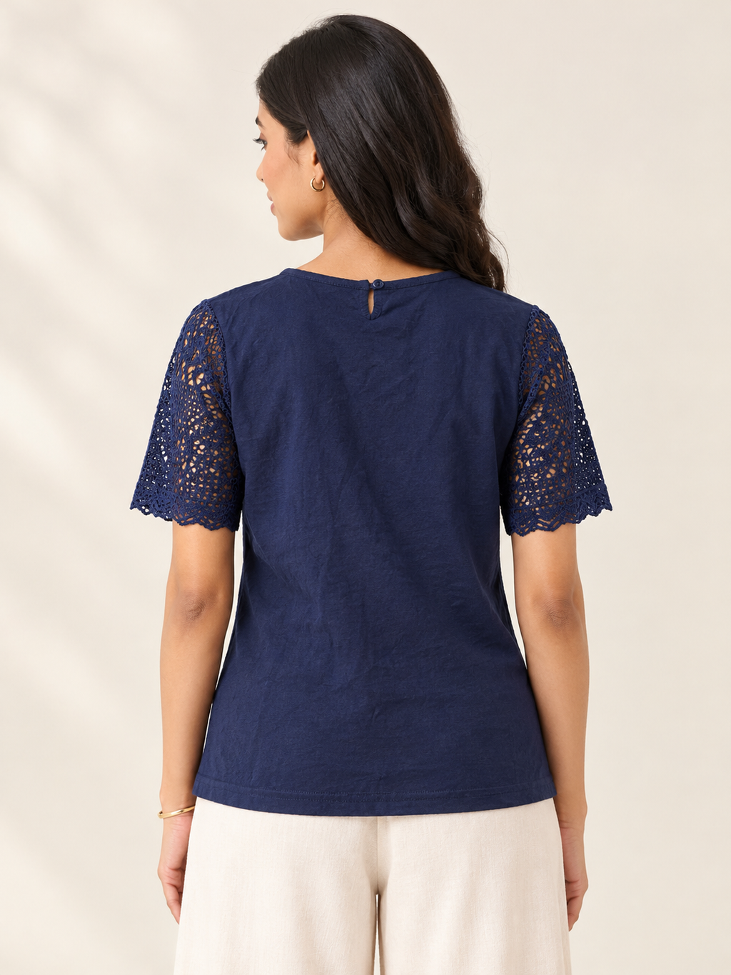 Navy Blue Floral Crochet Lace Short-Sleeve Top