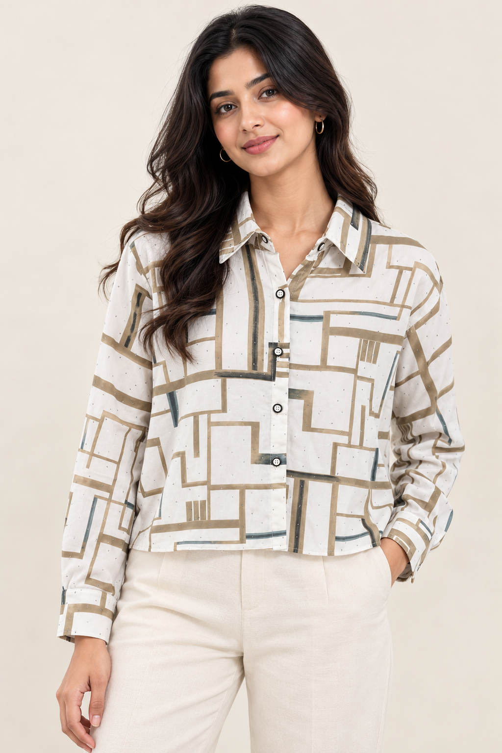Grid Print Cropped Shirt