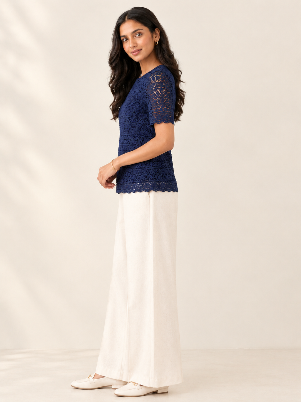 Navy Blue Floral Crochet Lace Short-Sleeve Top