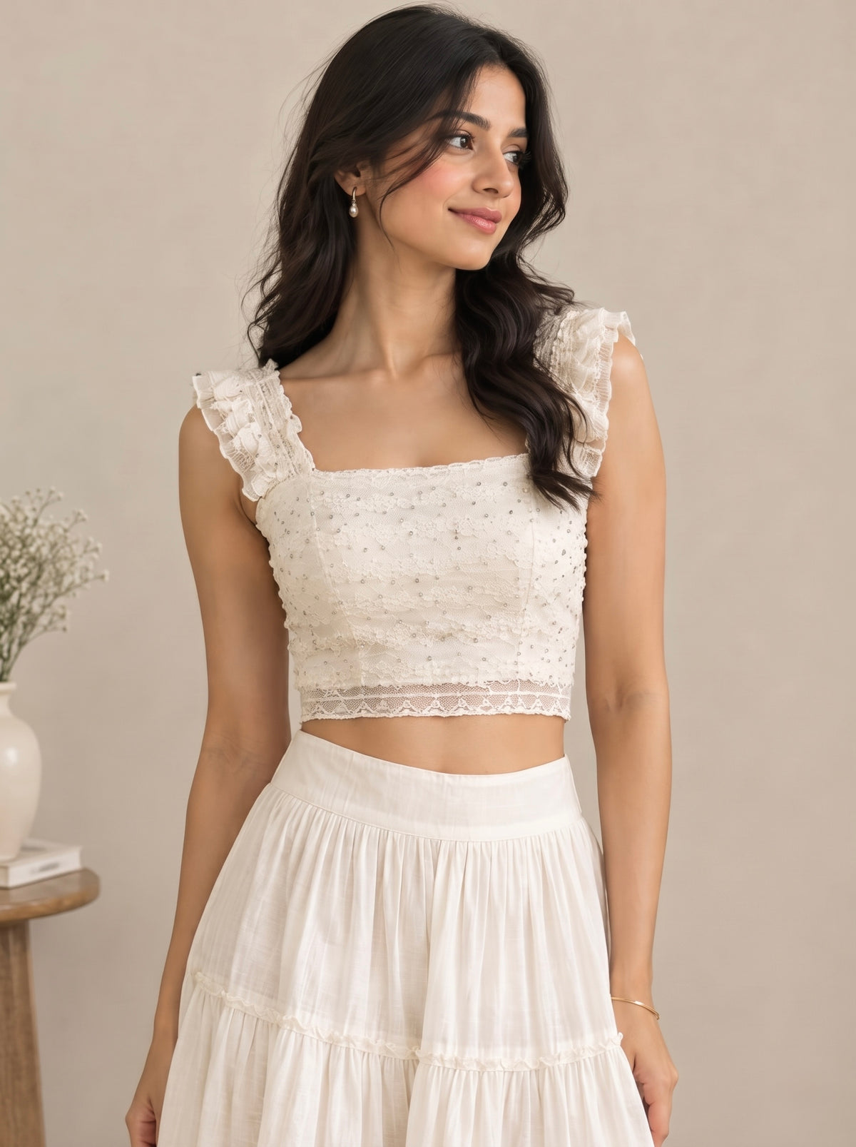Imported Ruffle Lace Crop Top