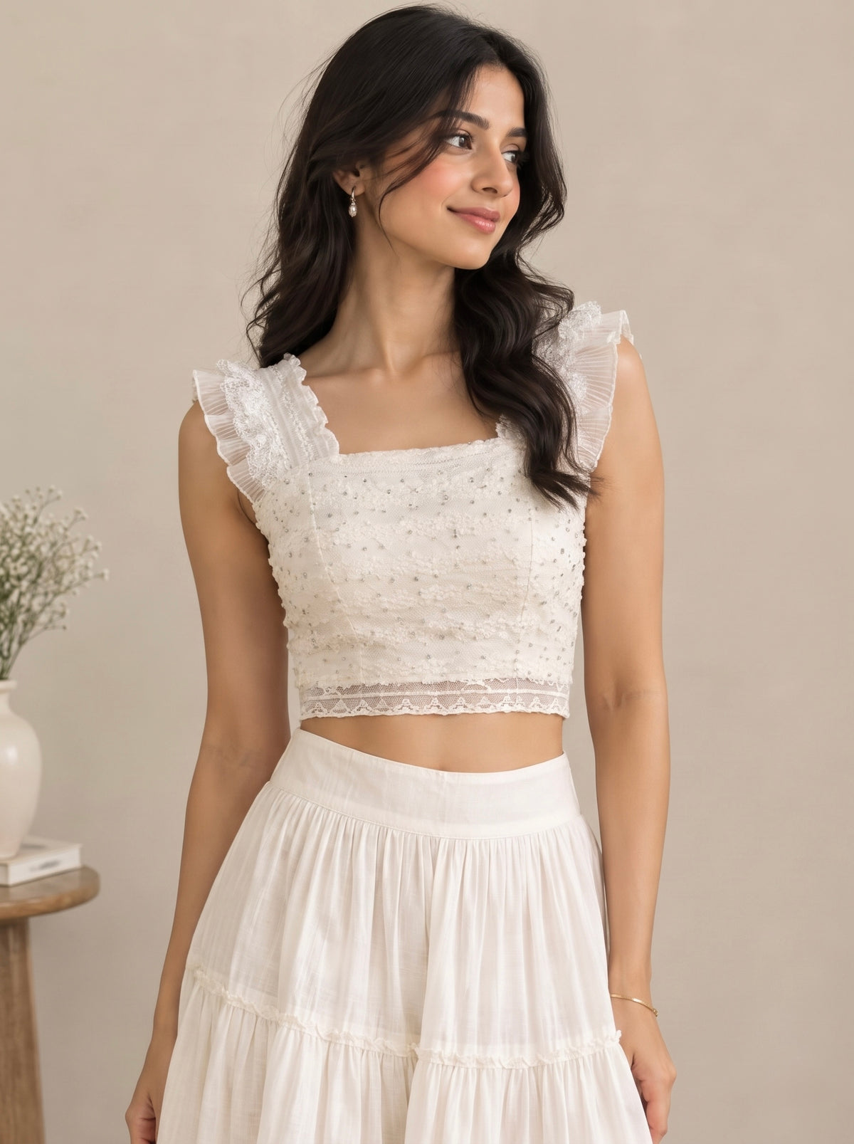 Imported Ruffle Lace Crop Top