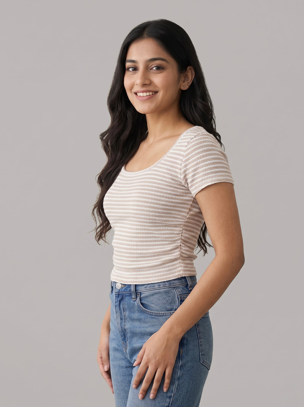 Beige Striped Ribbed Knit Tee