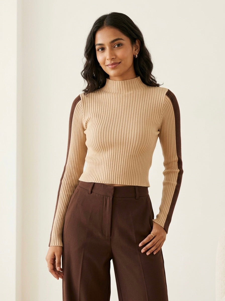 Ribbed Mock Neck Colorblock Knit Top