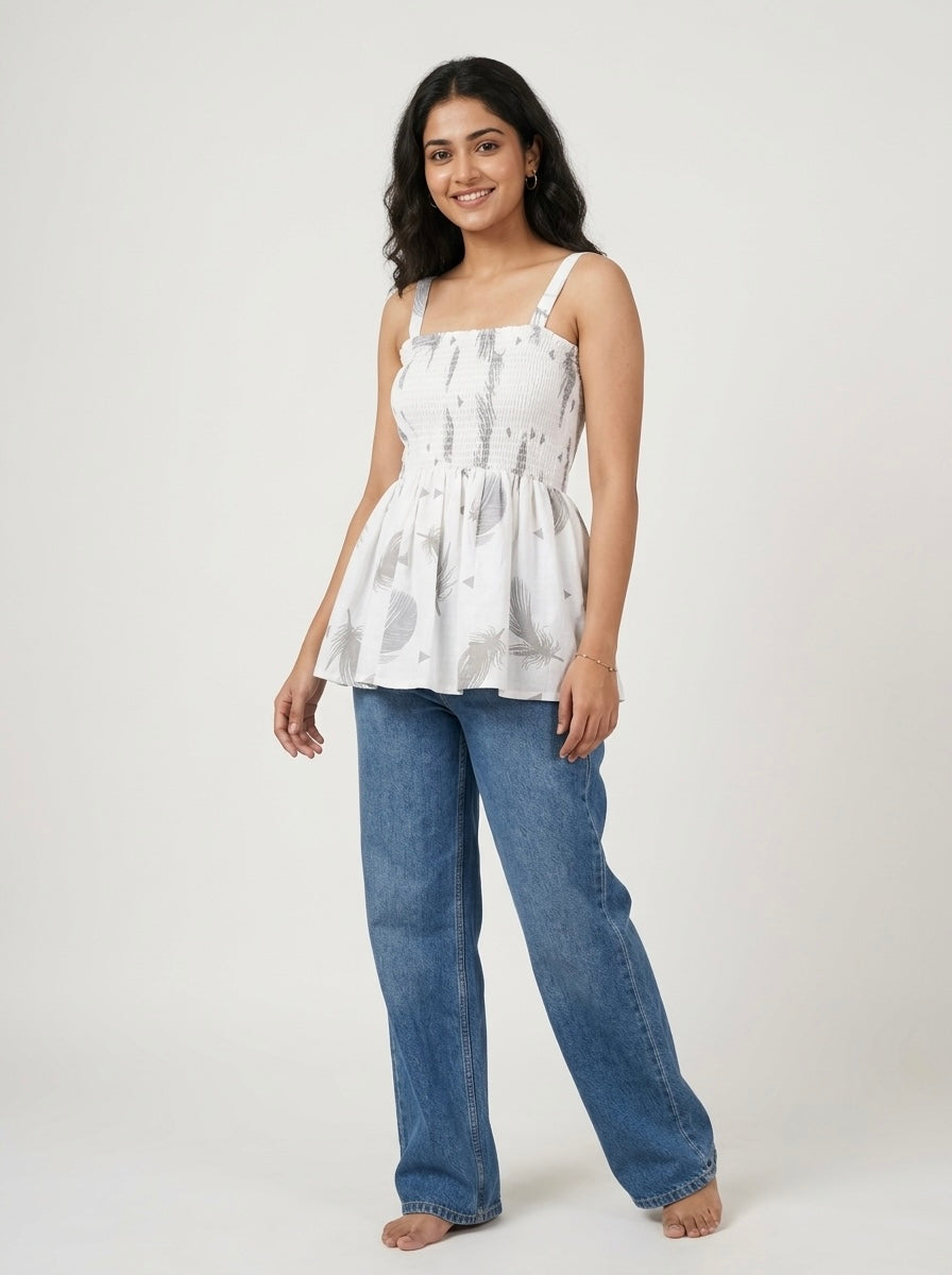 Feather Print Smocked Peplum Top