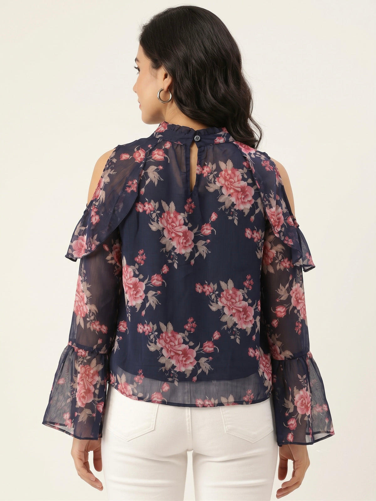 Floral Cold-Shoulder Chiffon Top