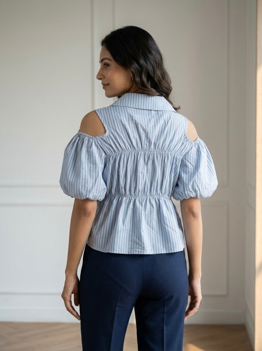 Sky Blue Striped Cold-Shoulder Peplum Top with Bow Details