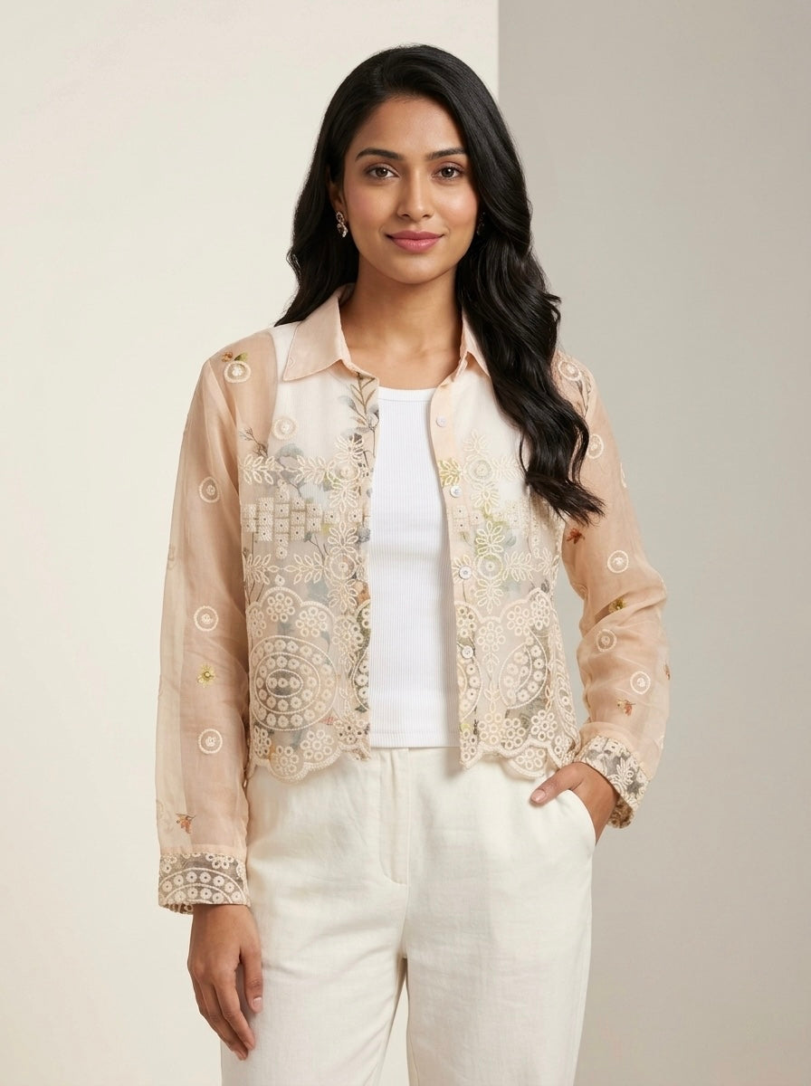 Imported 2 Pcs Embroidered Sheer Cropped Shirt