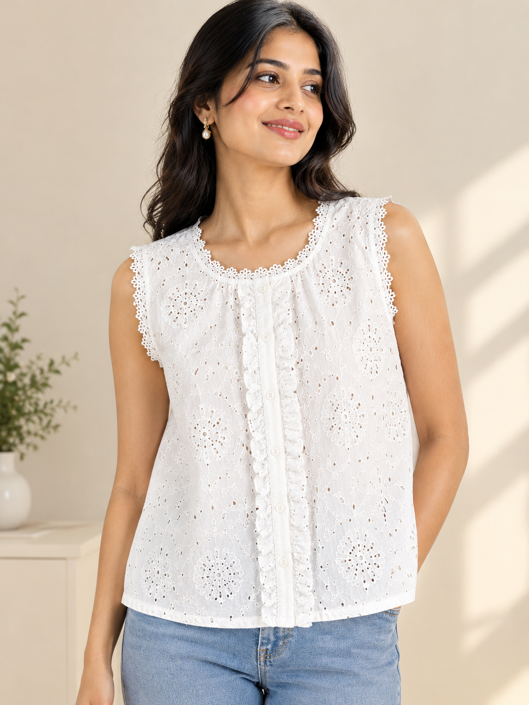 Cotton Schiffli Square-Neck Top