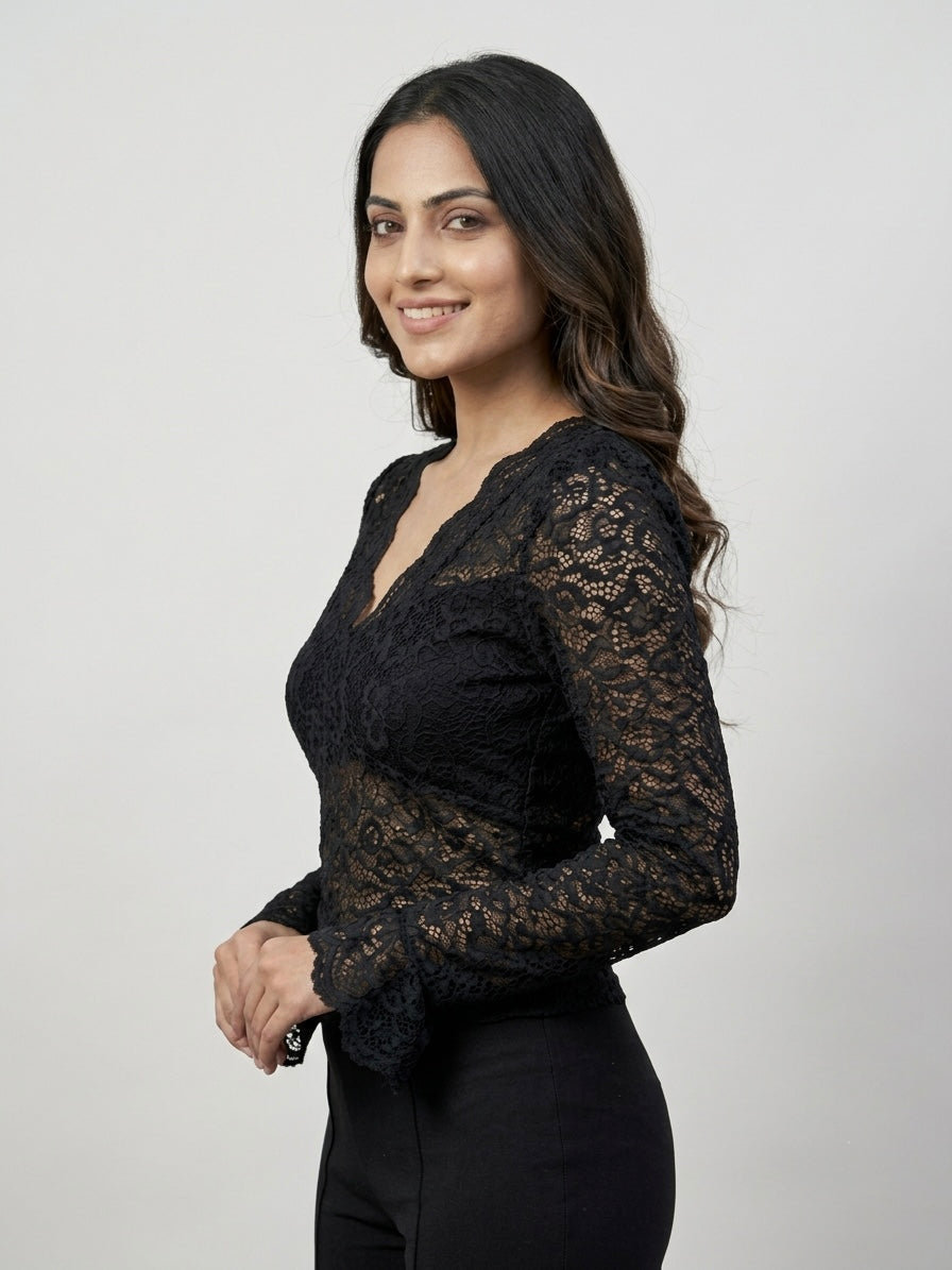 Imported Scalloped V-Neck Long Sleeve Crop Top