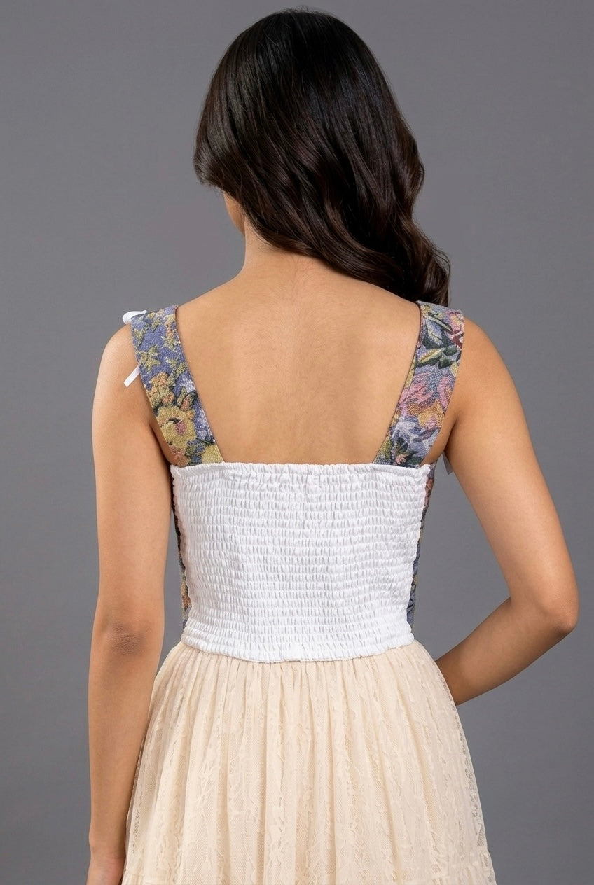 Periwinkle Blue Tapestry Lace-Up Corset Crop Top