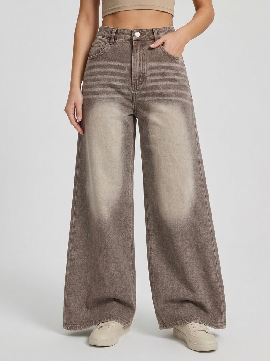 Washed Brown Wide-Leg Jeans
