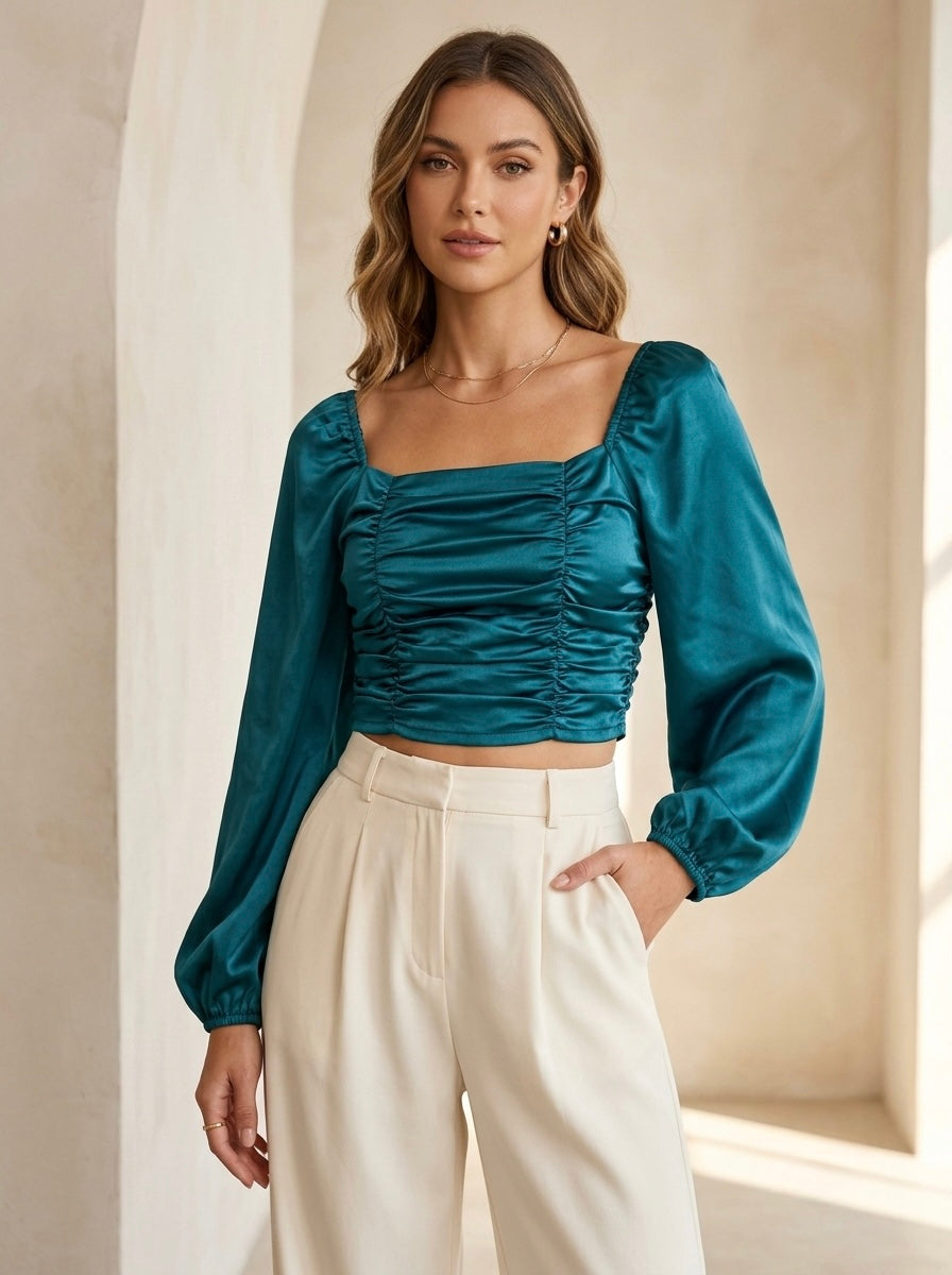 Teal Ruched Satin Crop Top