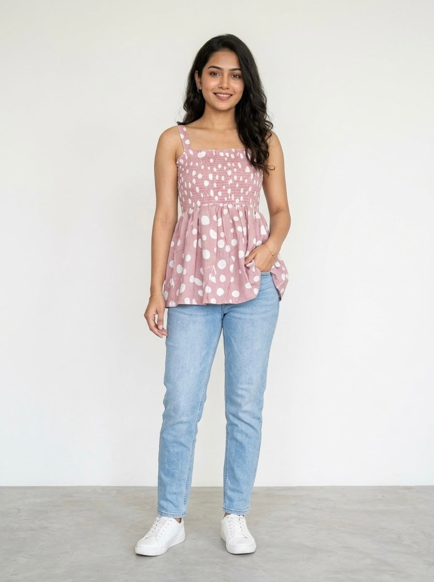 Dusty Rose Polka Dot Smocked Peplum Top
