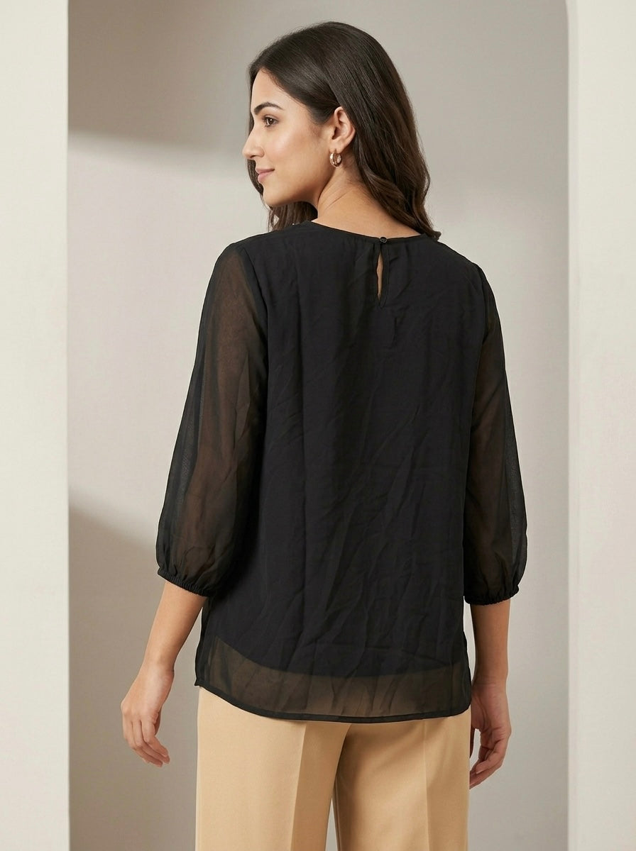 Beaded Neckline Layered Chiffon Top