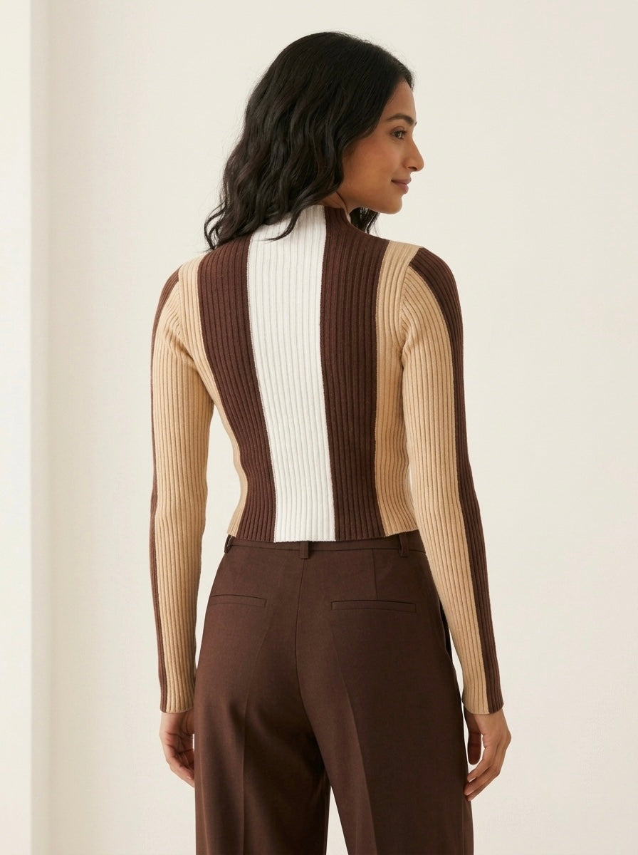 Ribbed Mock Neck Colorblock Knit Top