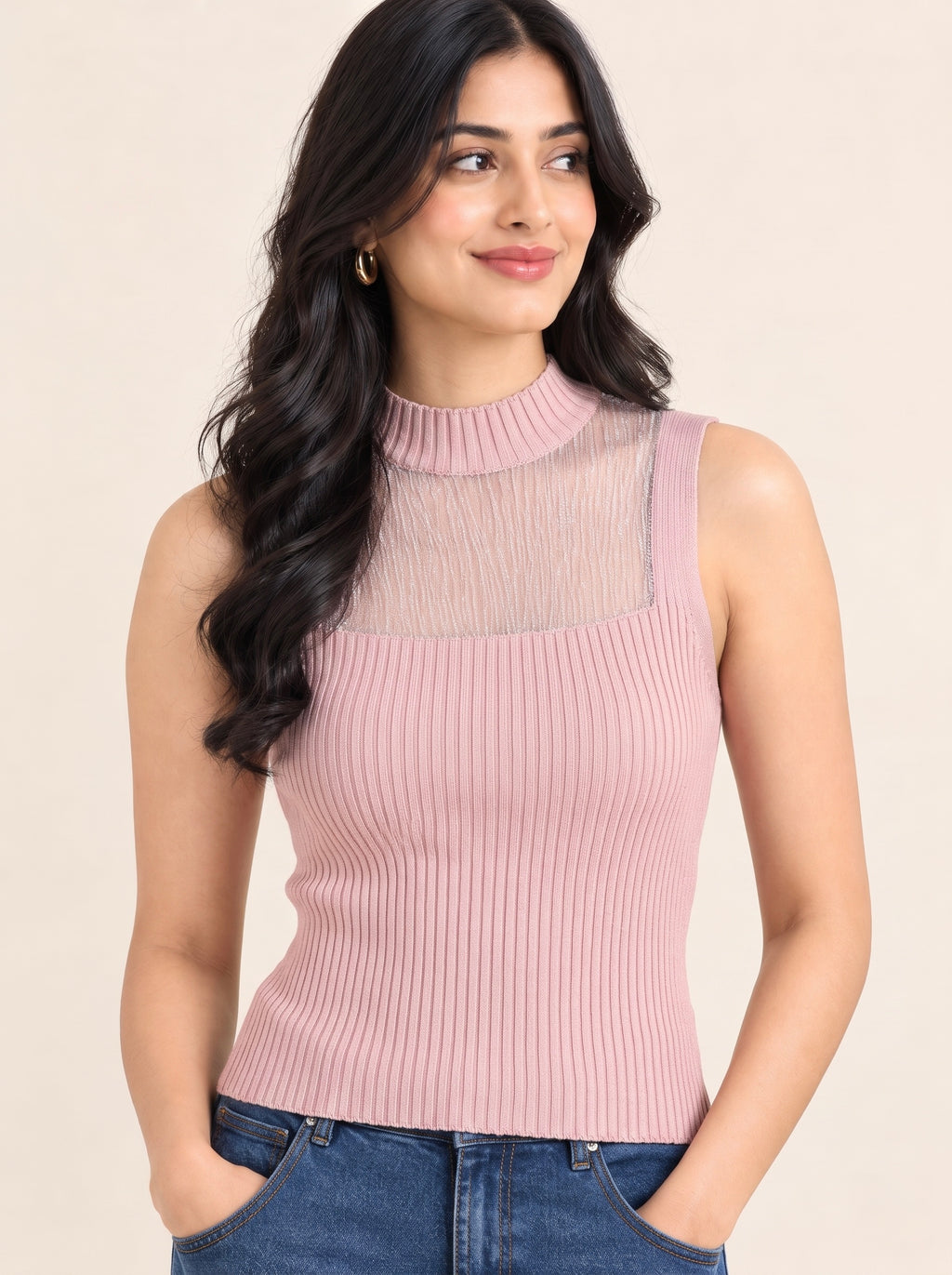 Imported Ribbed High-Neck Sheer Top