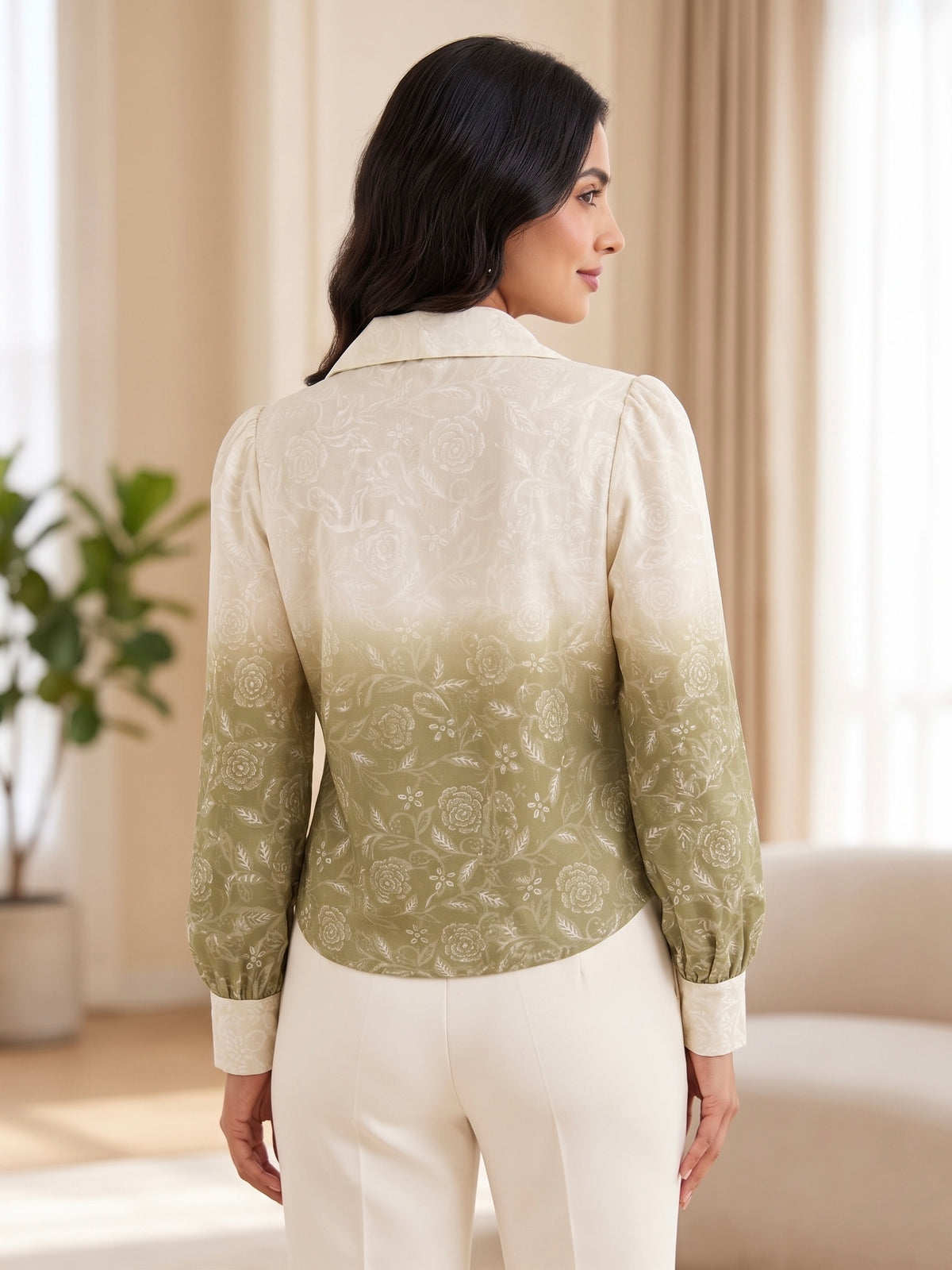 Floral Ombre Gradient Mock-Button Shirt Top