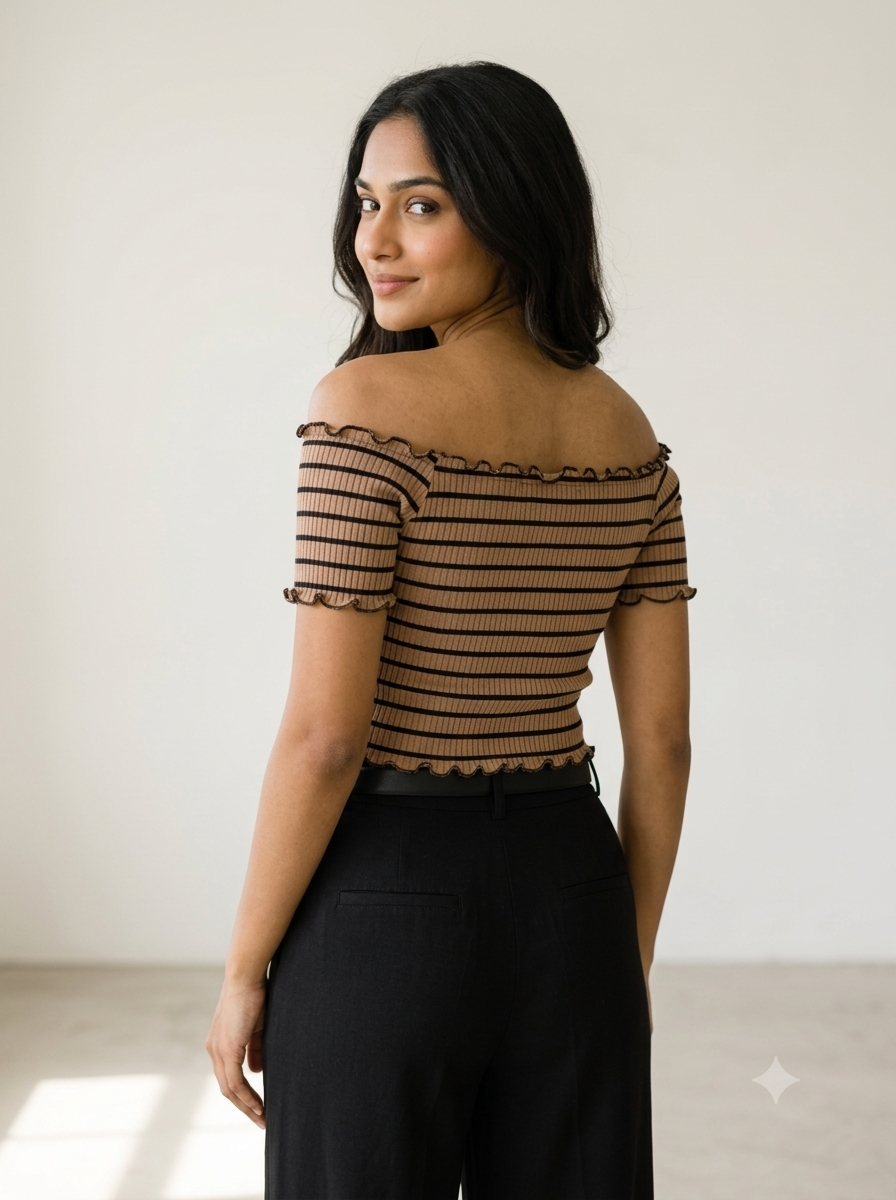 Parisian Mocha Striped Ribbed Bardot Top