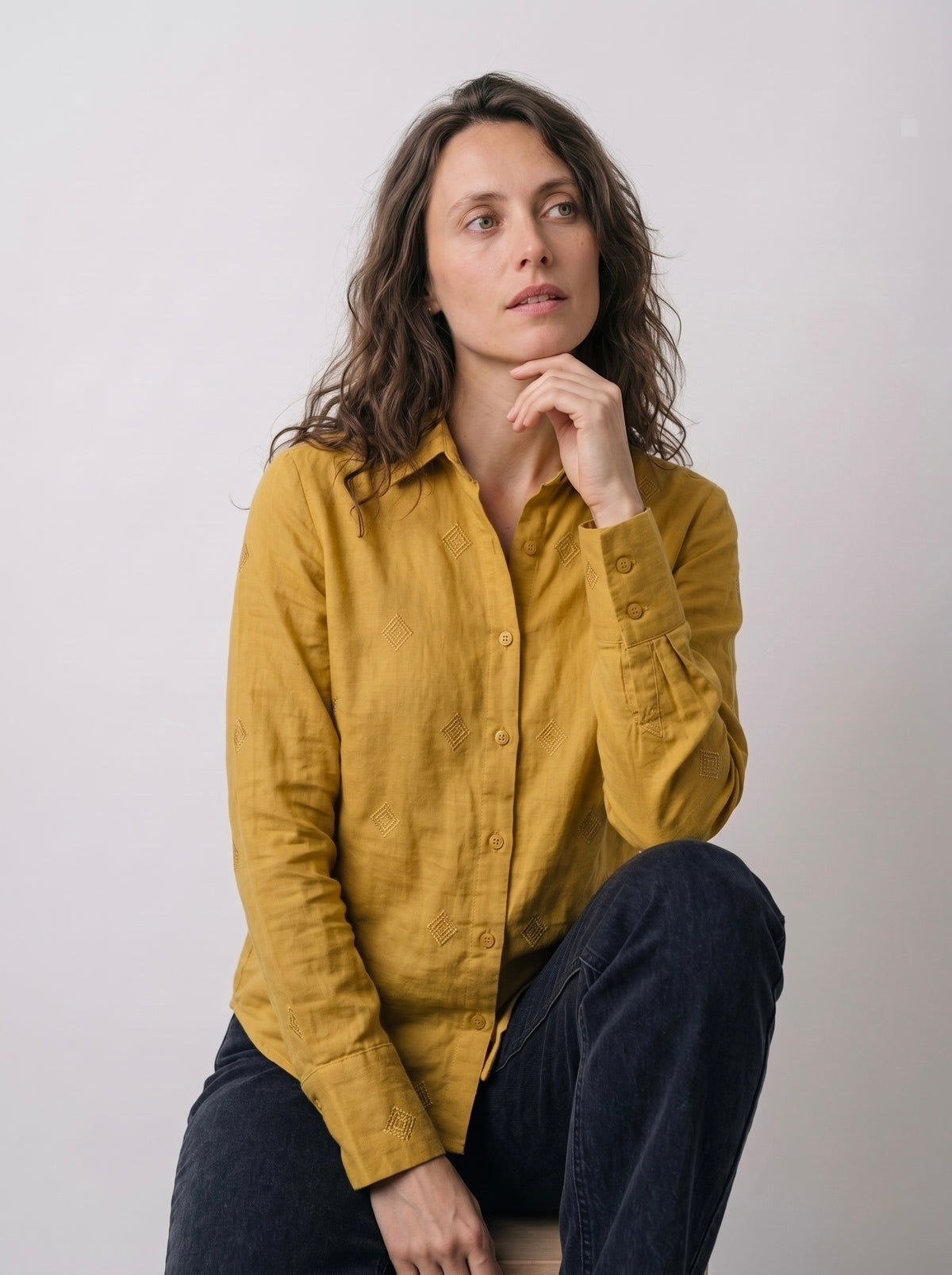 Mustard Embroidered Cotton Linen Shirt