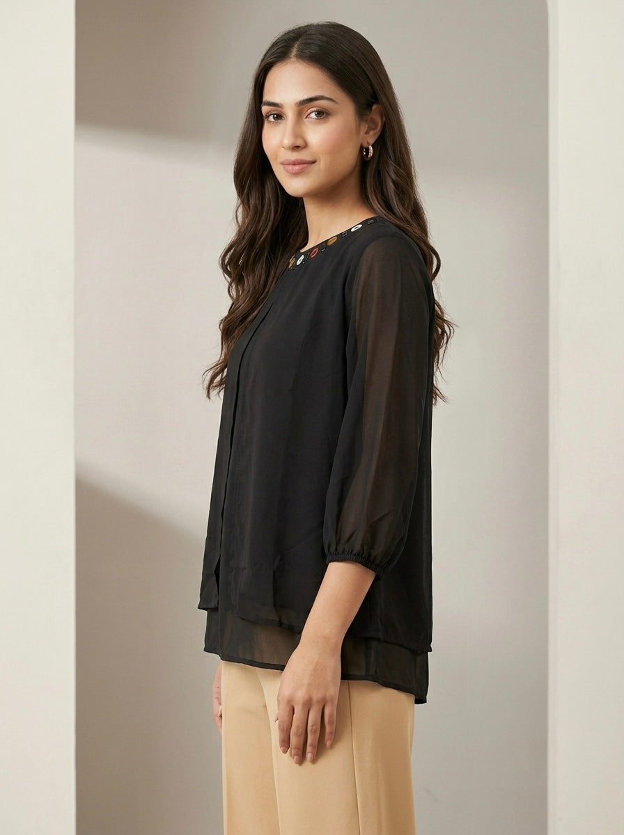 Beaded Neckline Layered Chiffon Top