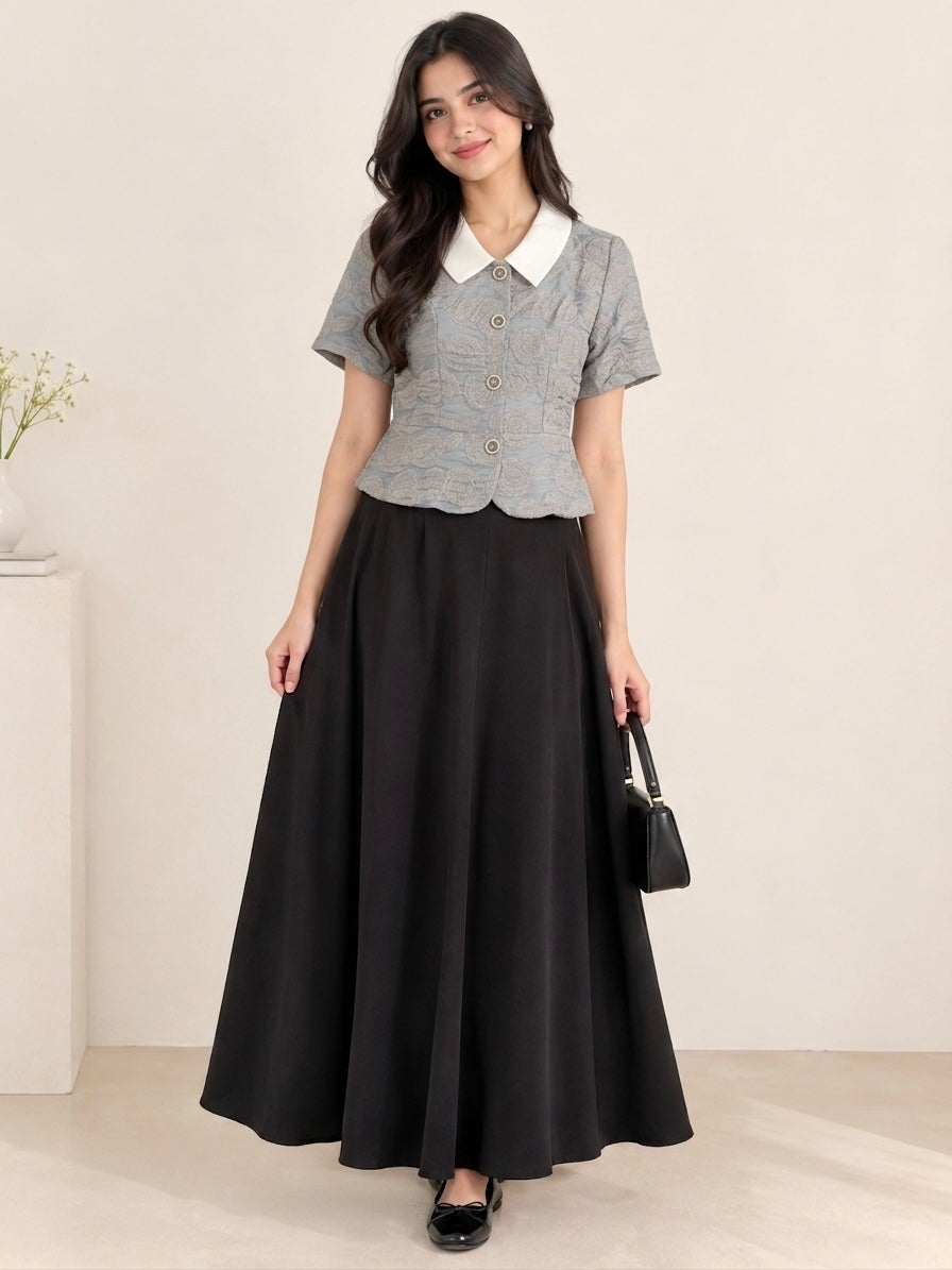 Imported Grey Floral Brocade Short-Sleeve Top with White Collar