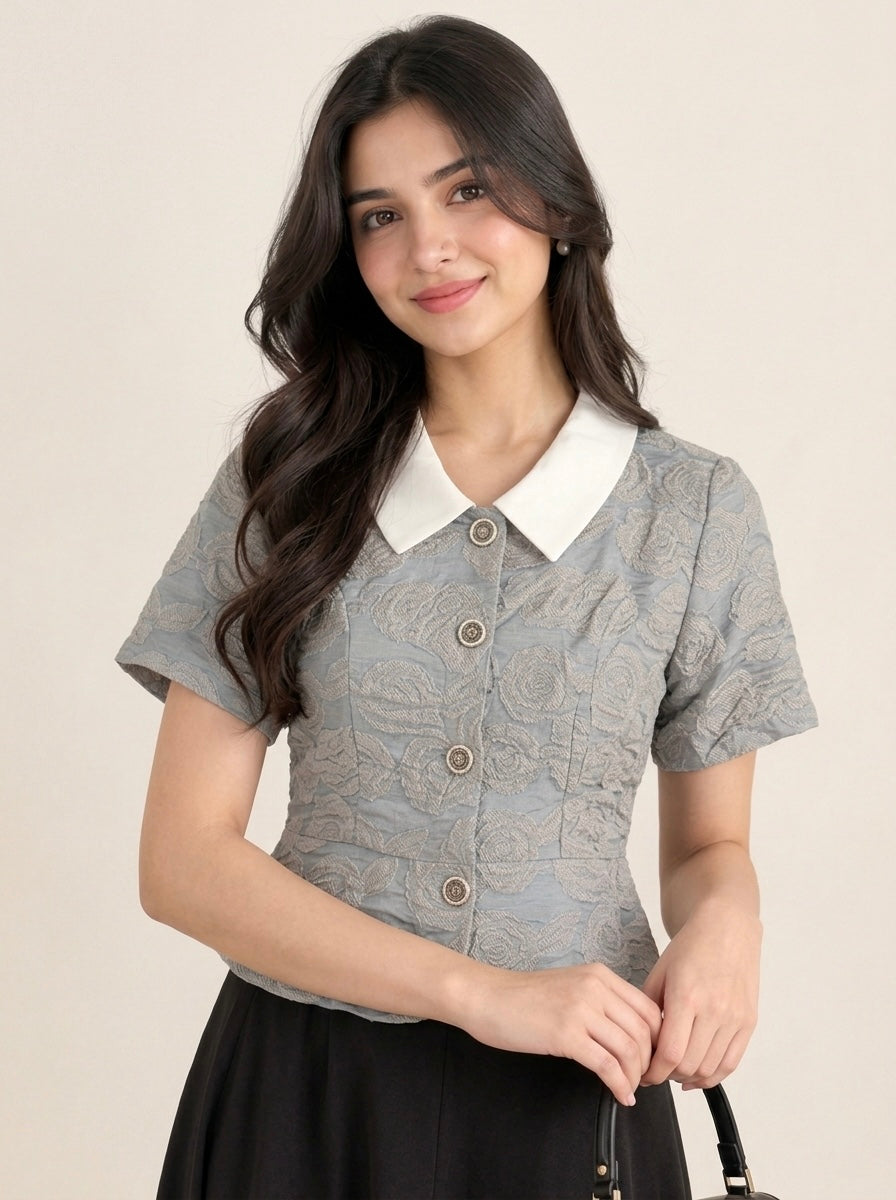 Imported Grey Floral Brocade Short-Sleeve Top with White Collar