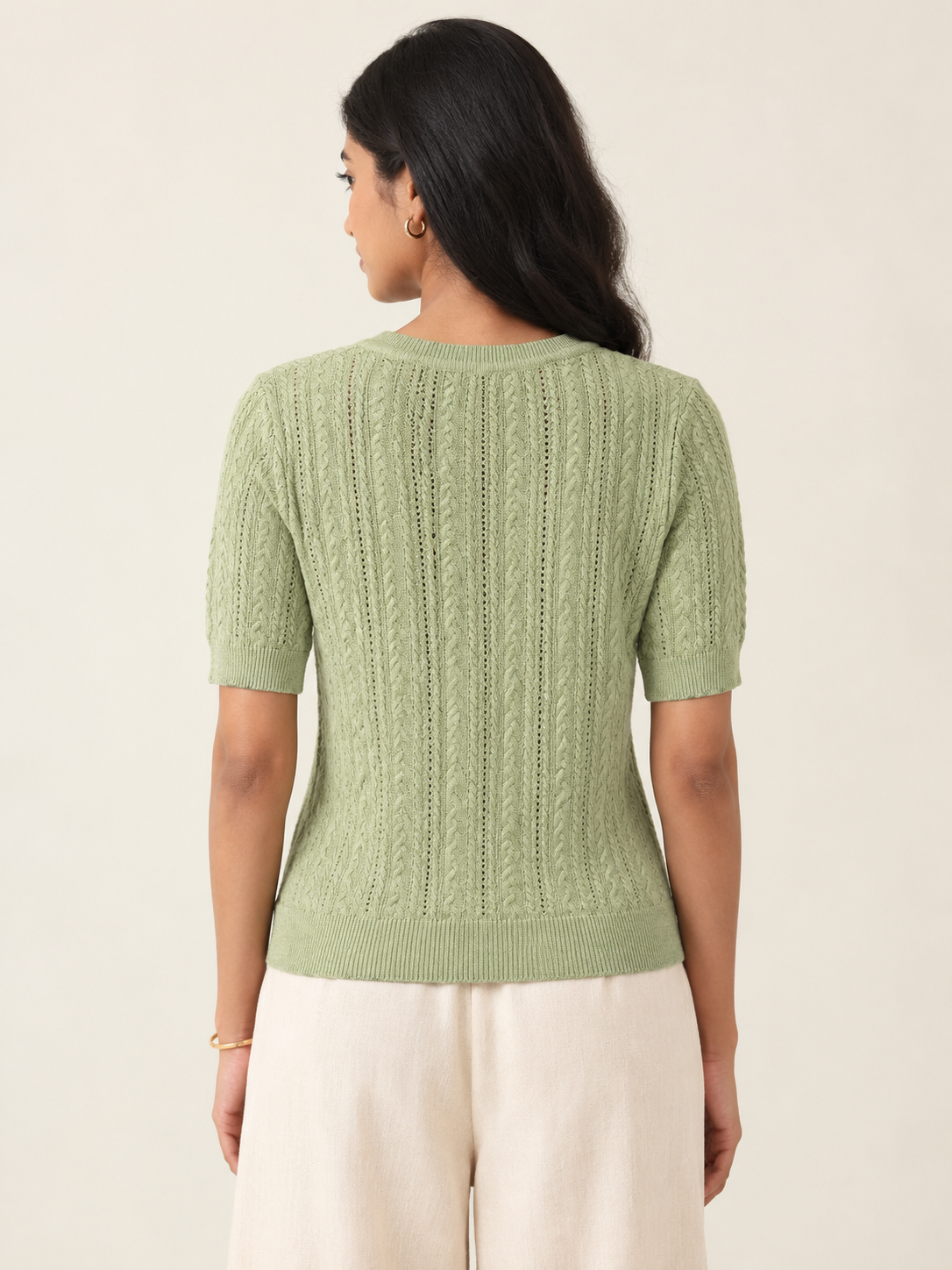 Sage Green Cable Knit Short Sleeve Top