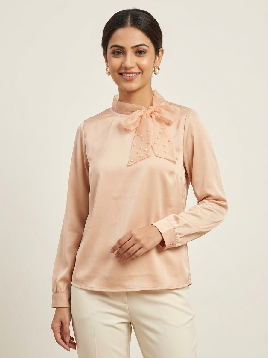 Imported Silk-Satin Tie-Neck with Pearl Detailing
