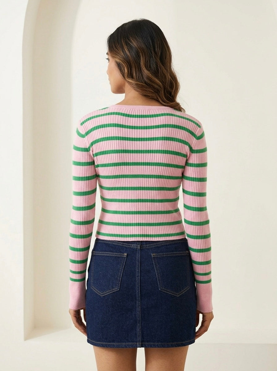 Pastel Striped Rib-Knit Crop Cardigan