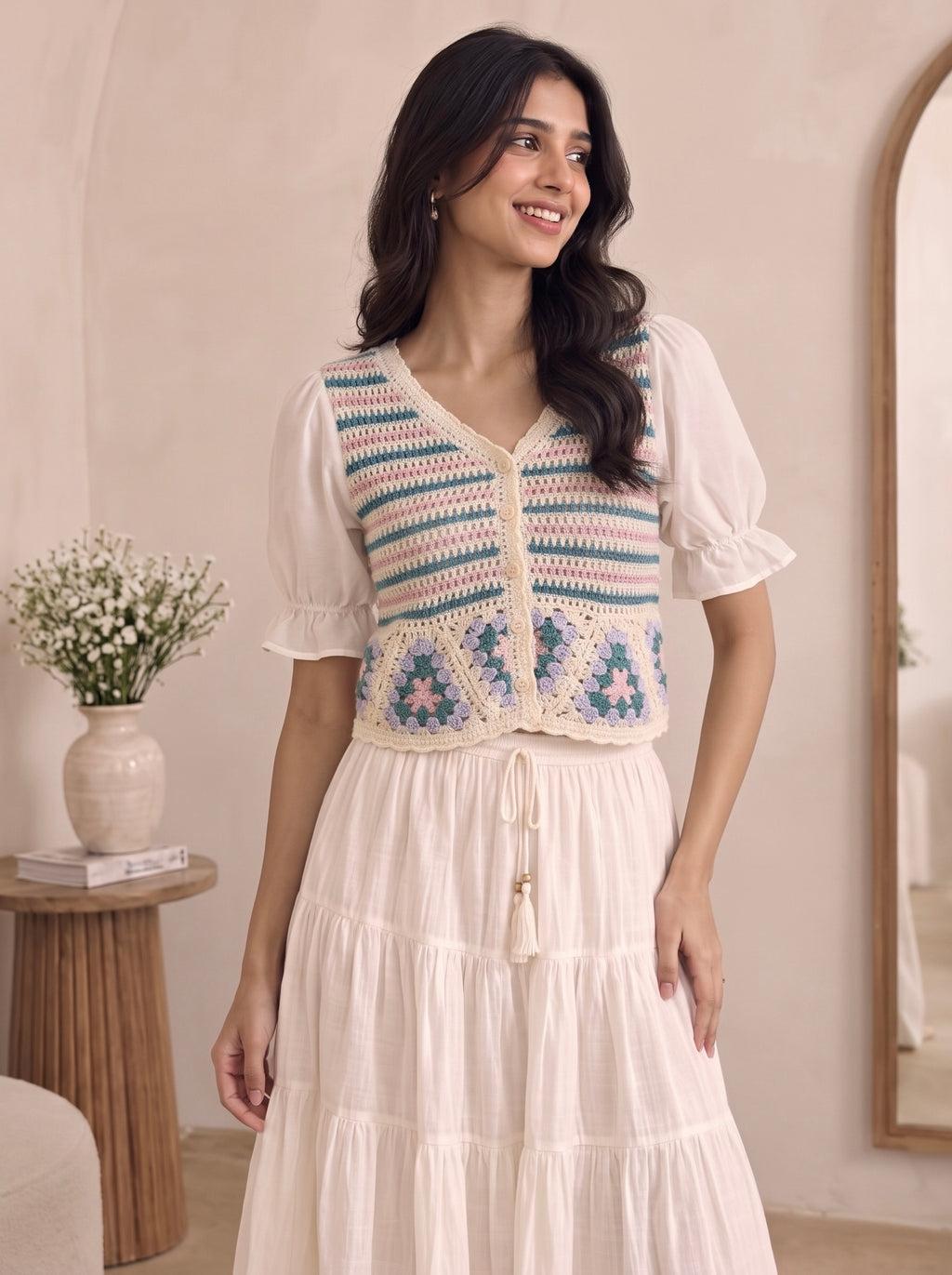 Imported Boho Crochet Puff Sleeve Top