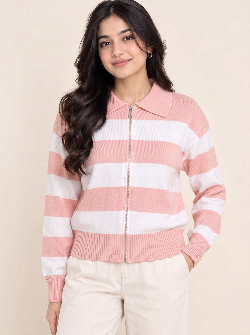 Imported Stripe Zip Knit Top