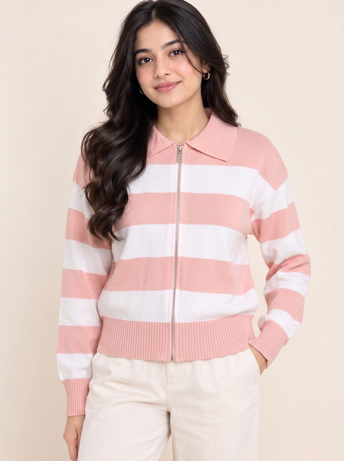 Imported Stripe Zip Knit Top