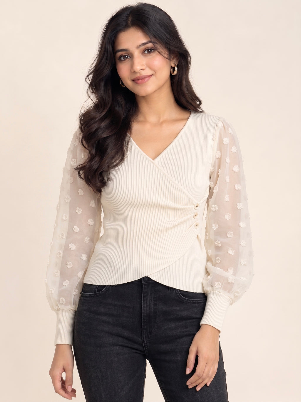 Imported Dotted Sleeve Wrap Top