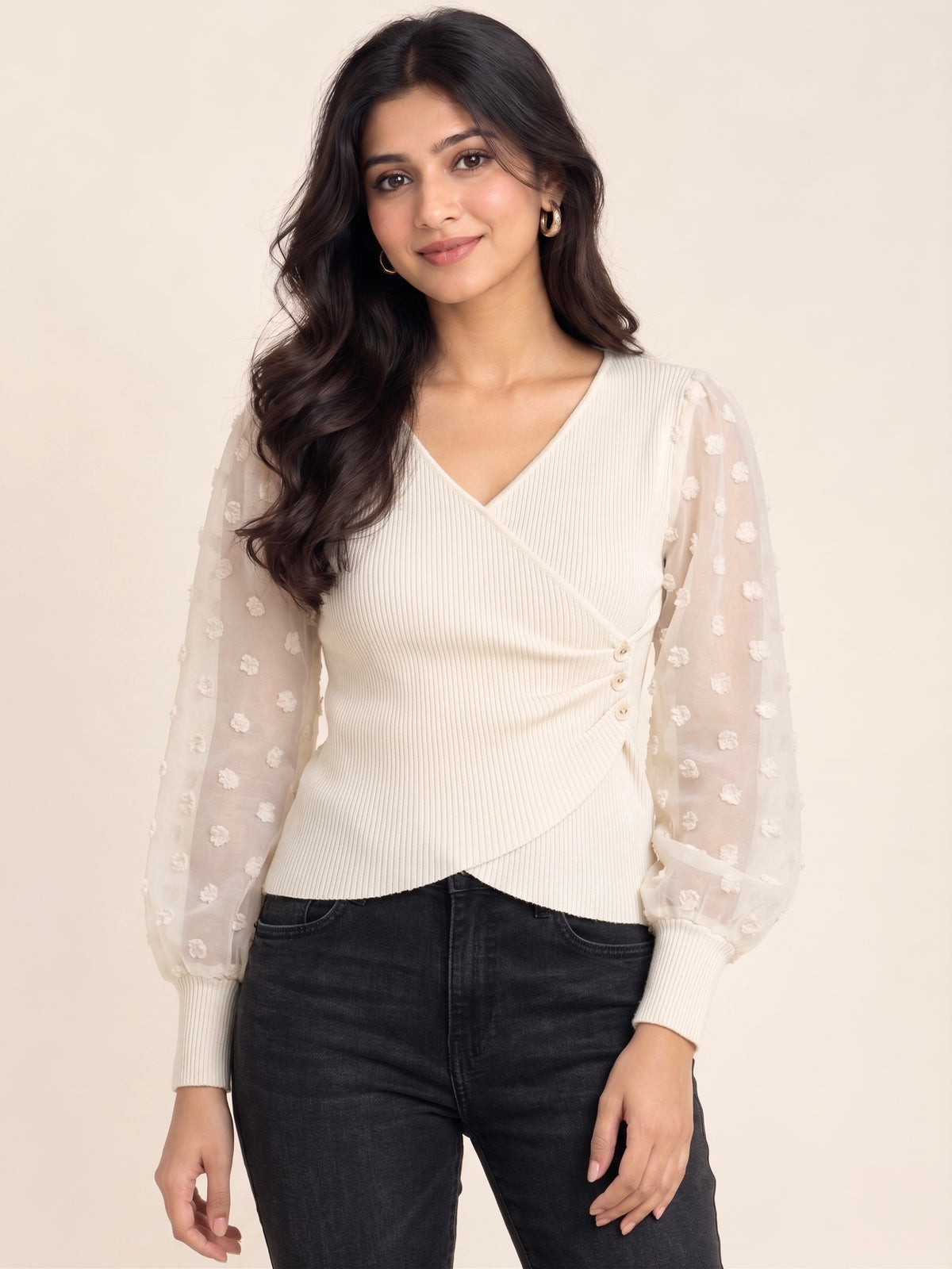 Imported Dotted Sleeve Wrap Top