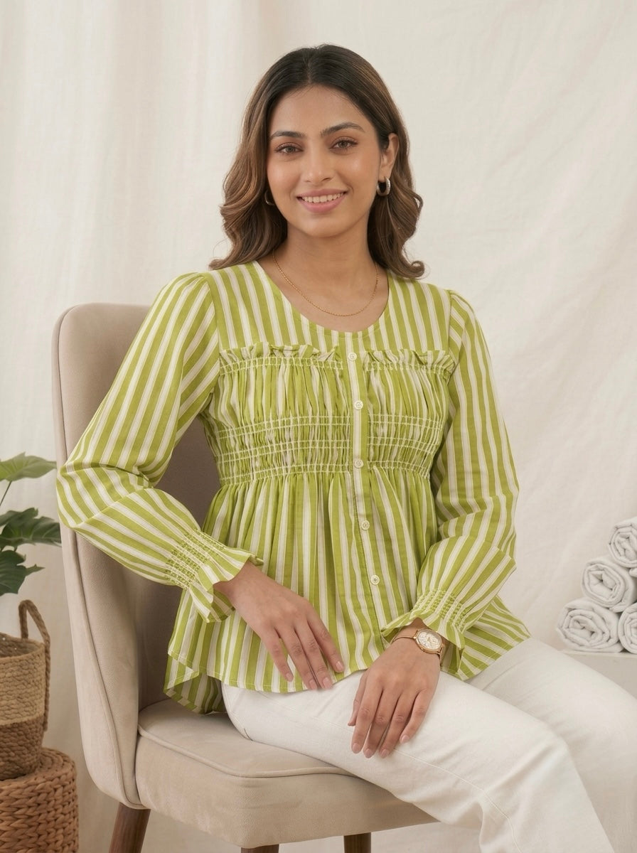 Imported Striped Smocked Peplum Top