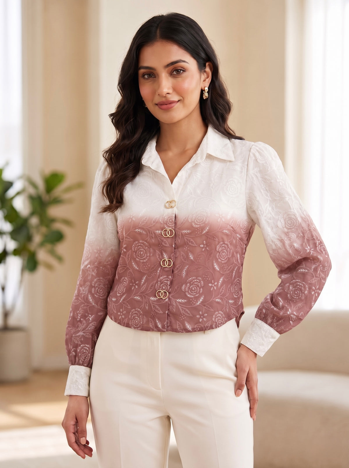 Floral Ombre Gradient Mock-Button Shirt Top