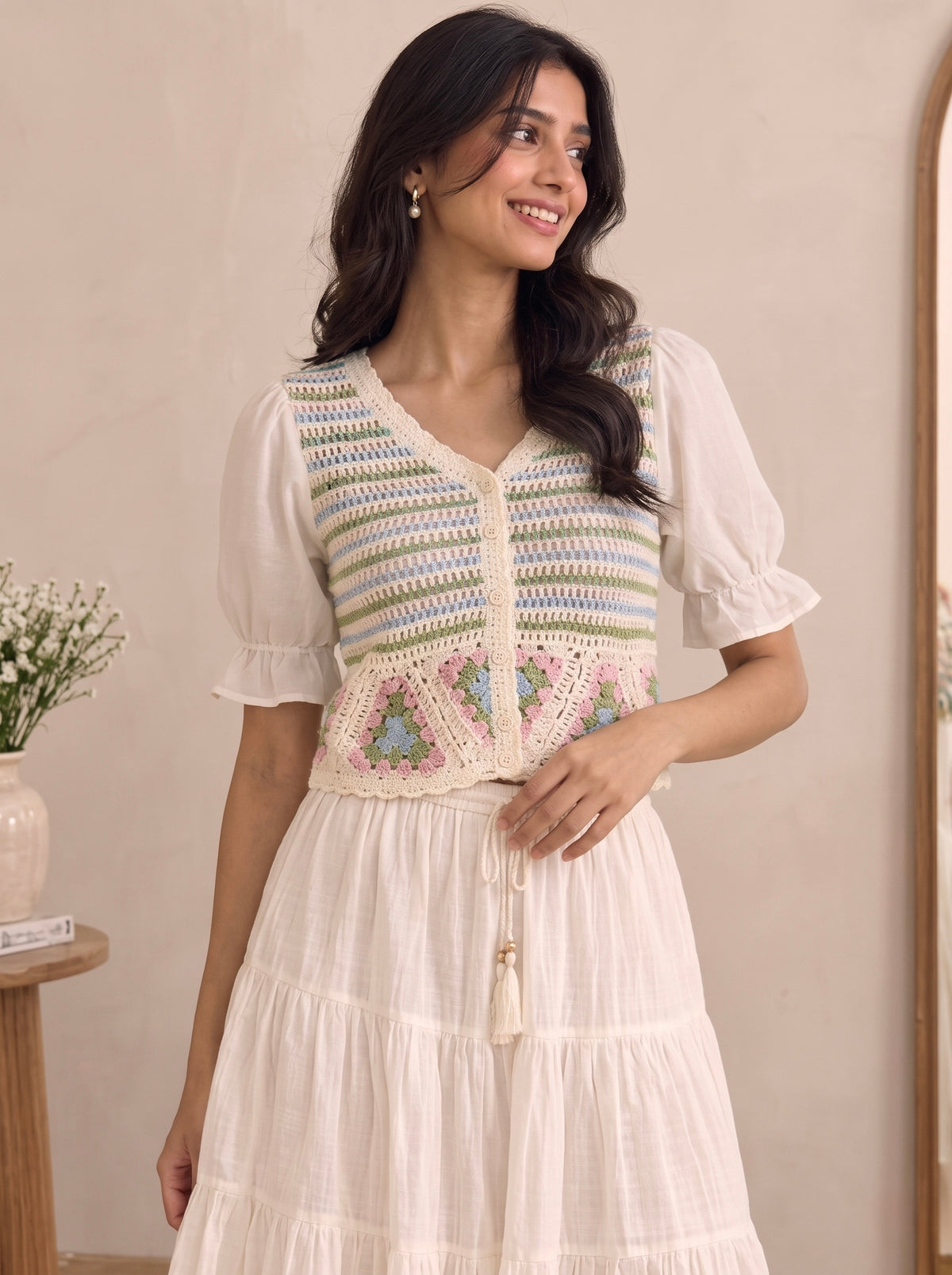 Imported Boho Crochet Puff Sleeve Top