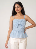 Embroidered Eyelet Bow-Front Peplum Cami Top