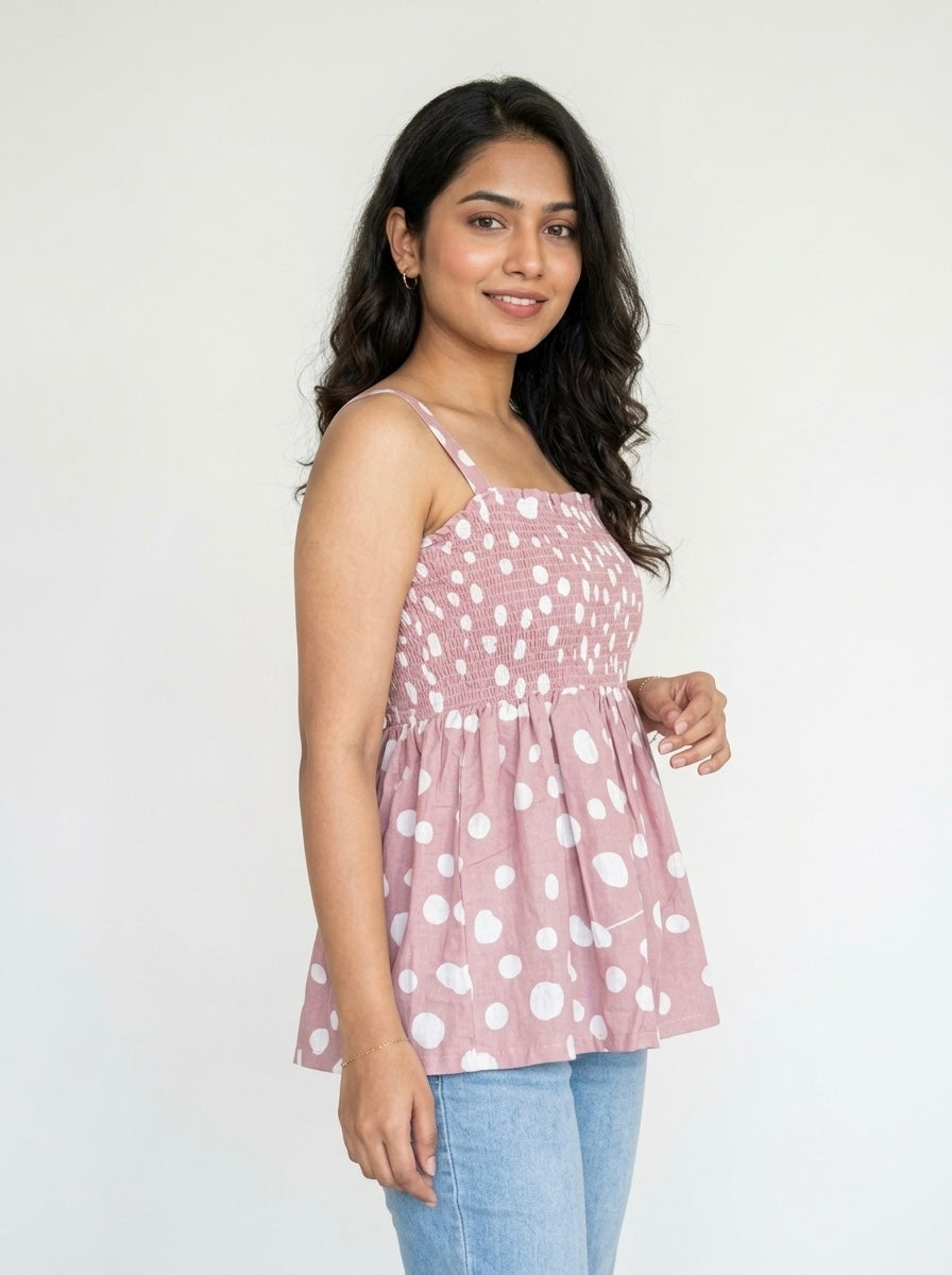 Dusty Rose Polka Dot Smocked Peplum Top