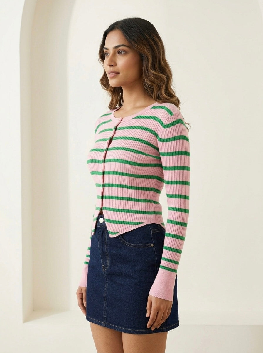 Pastel Striped Rib-Knit Crop Cardigan