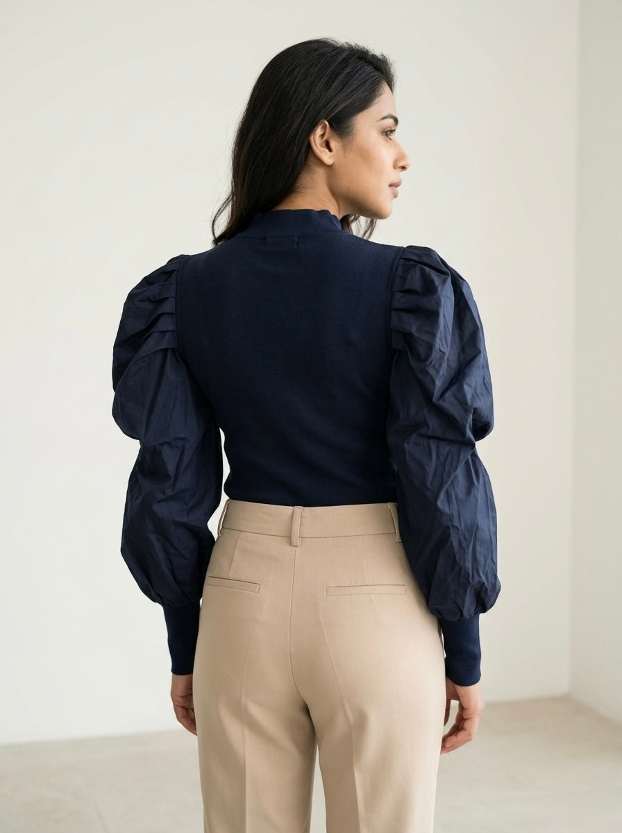 Structured Puff-Sleeve Knit Top in Deep Navy