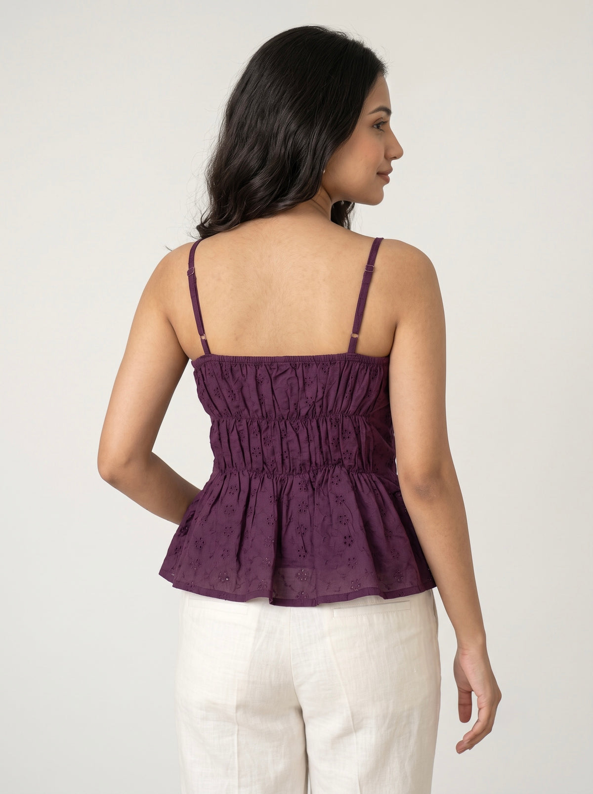 Embroidered Eyelet Bow-Front Peplum Cami Top