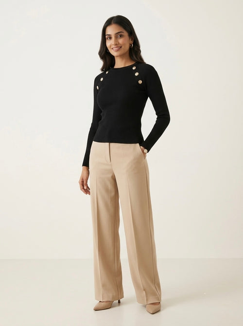 Black Ribbed Gold Button Knit Top