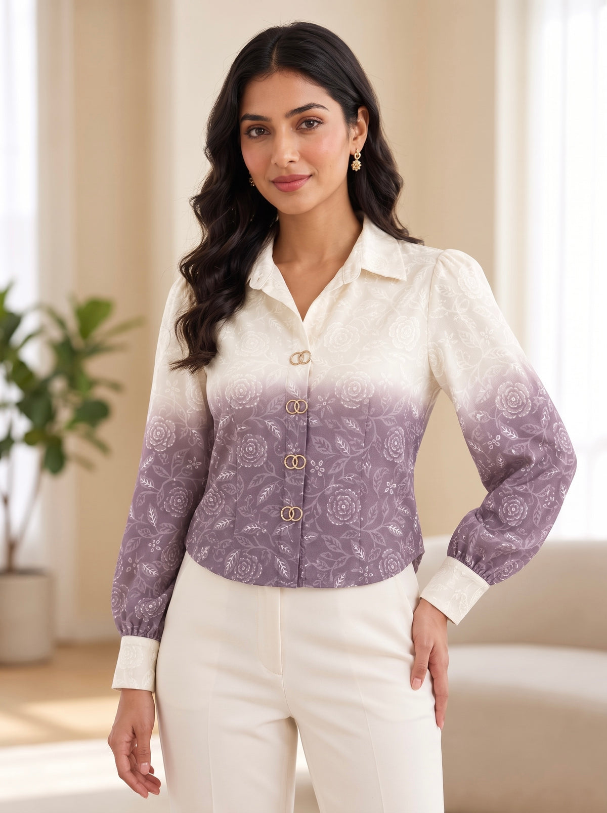 Floral Ombre Gradient Mock-Button Shirt Top