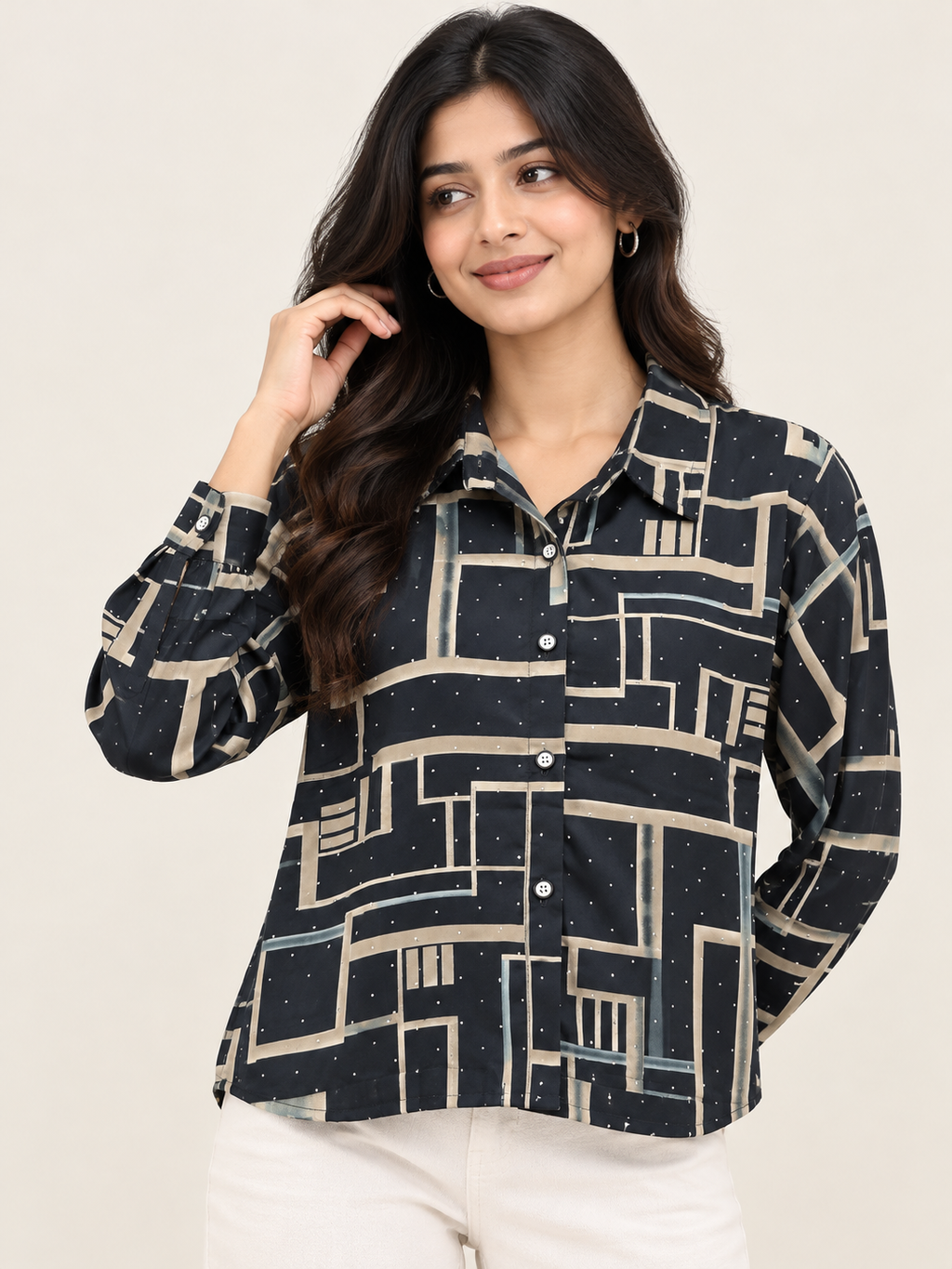 Grid Print Cropped Shirt